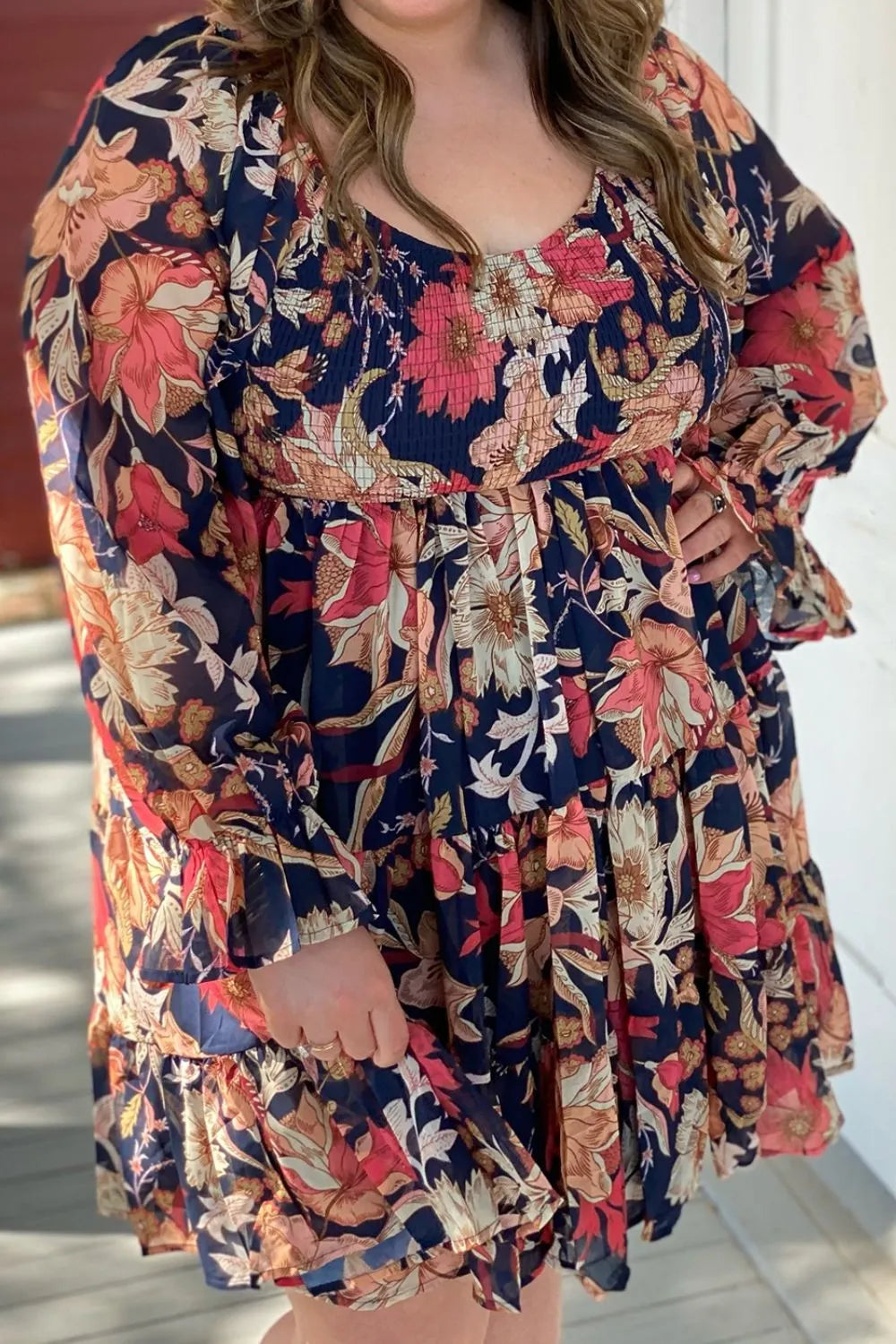 Plus Size Smocked Printed Long Sleeve Dress - LoveNest Treasures