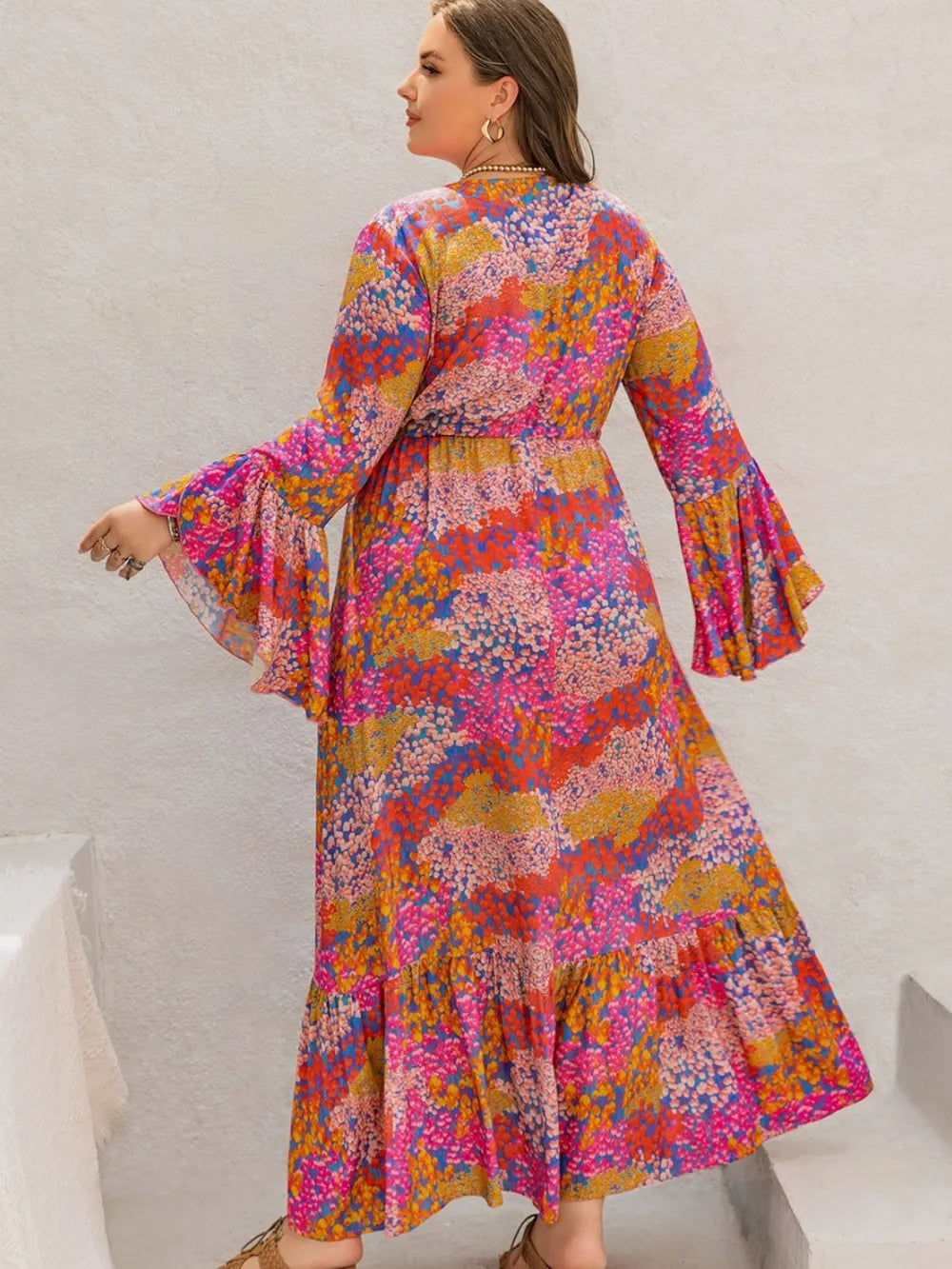 Plus Size Printed V-Neck Long Sleeve Maxi Dress - LoveNest Treasures