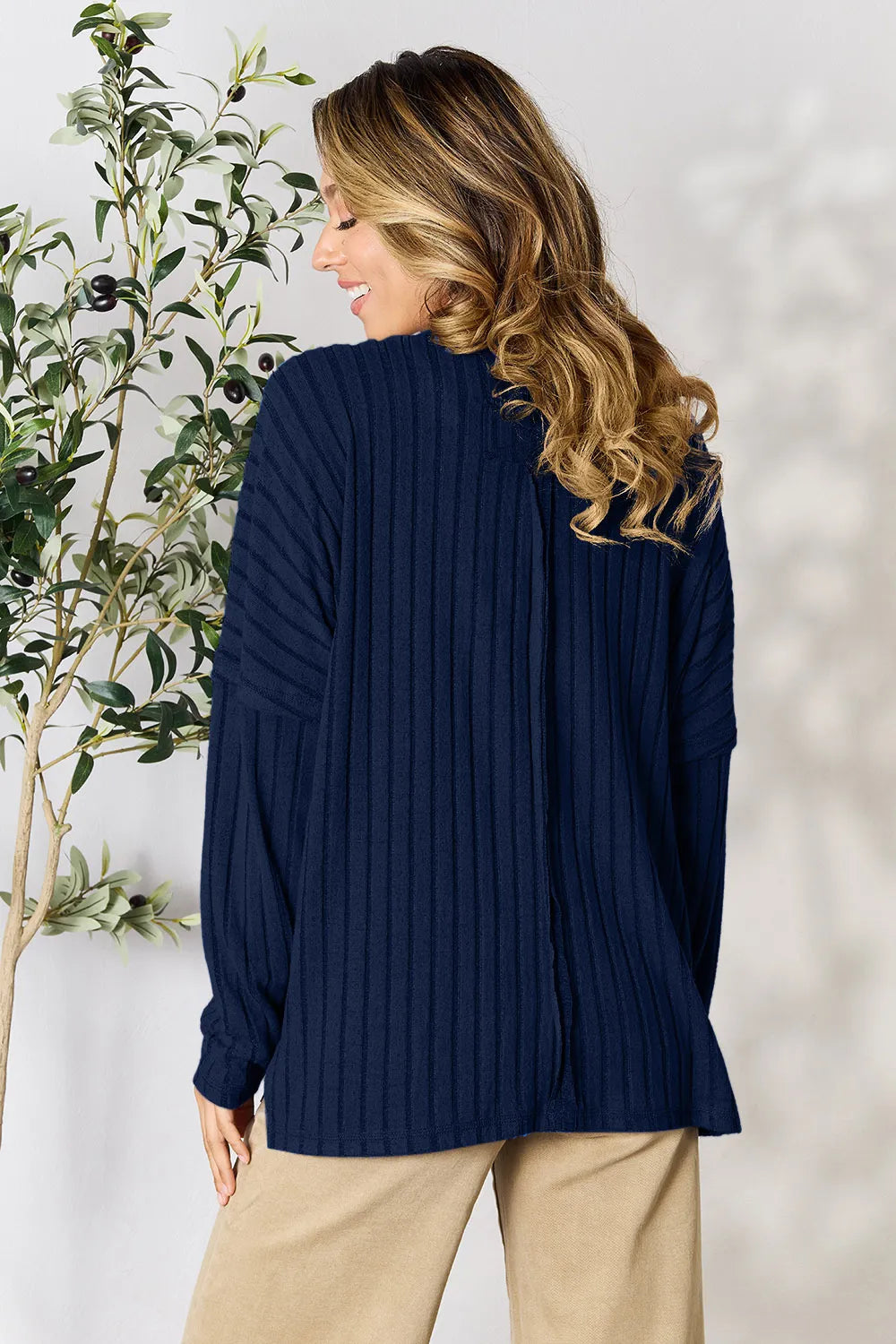 Basic Bae Full Size Ribbed Round Neck Slit Knit Top - LoveNest Treasures