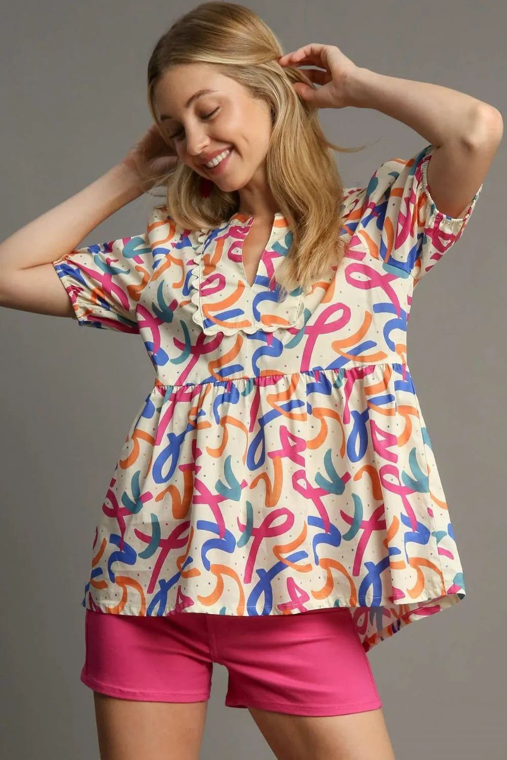 Umgee Full Size Mixed Print Puff Sleeve Babydoll Blouse Plus Size - LoveNest Treasures