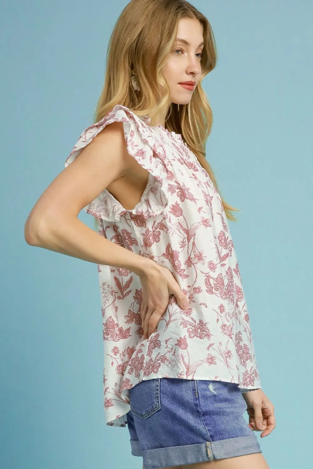 Umgee Full Size Two Tone Boxy Cut Floral Print Blouse Plus Size - LoveNest Treasures