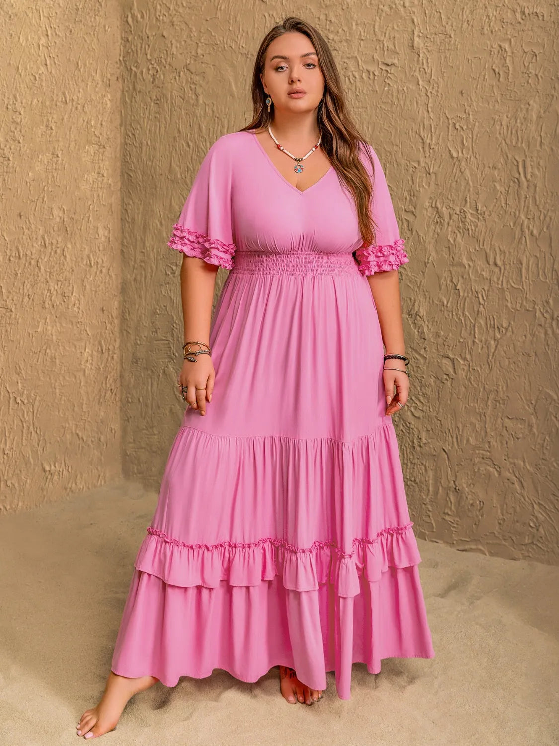 Plus Size V-Neck Half Sleeve Maxi Dress - LoveNest Treasures