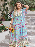 Plus Size Printed Tie Neck Flutter Sleeve Maxi Dress - LoveNest Treasures