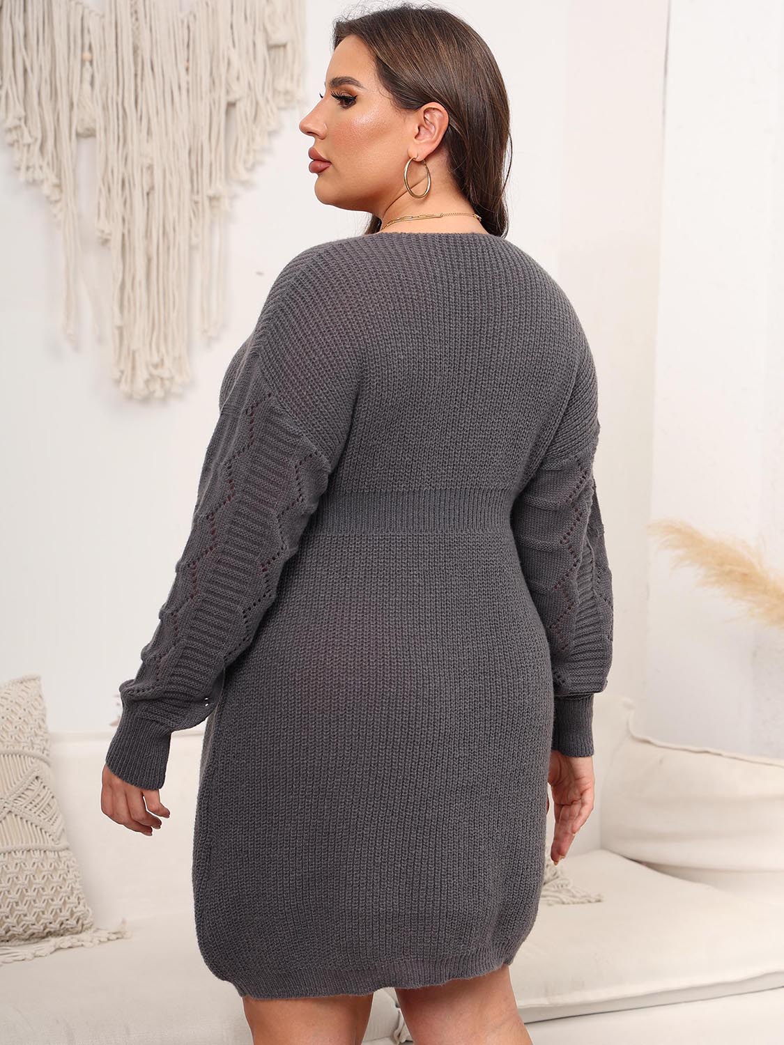 Plus Size Dropped Shoulder Long Sleeve Knit Mini Dress - LoveNest Treasures