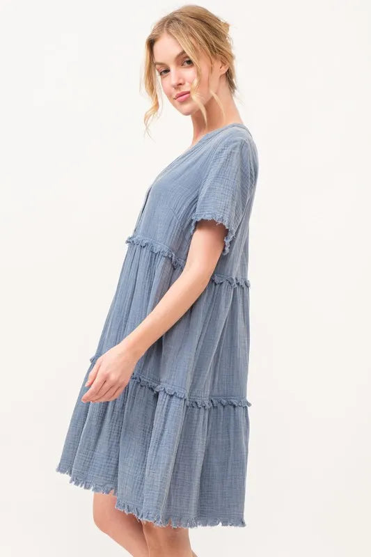 And The Why Washed Frayed Detail Tiered Dress - LoveNest Treasures