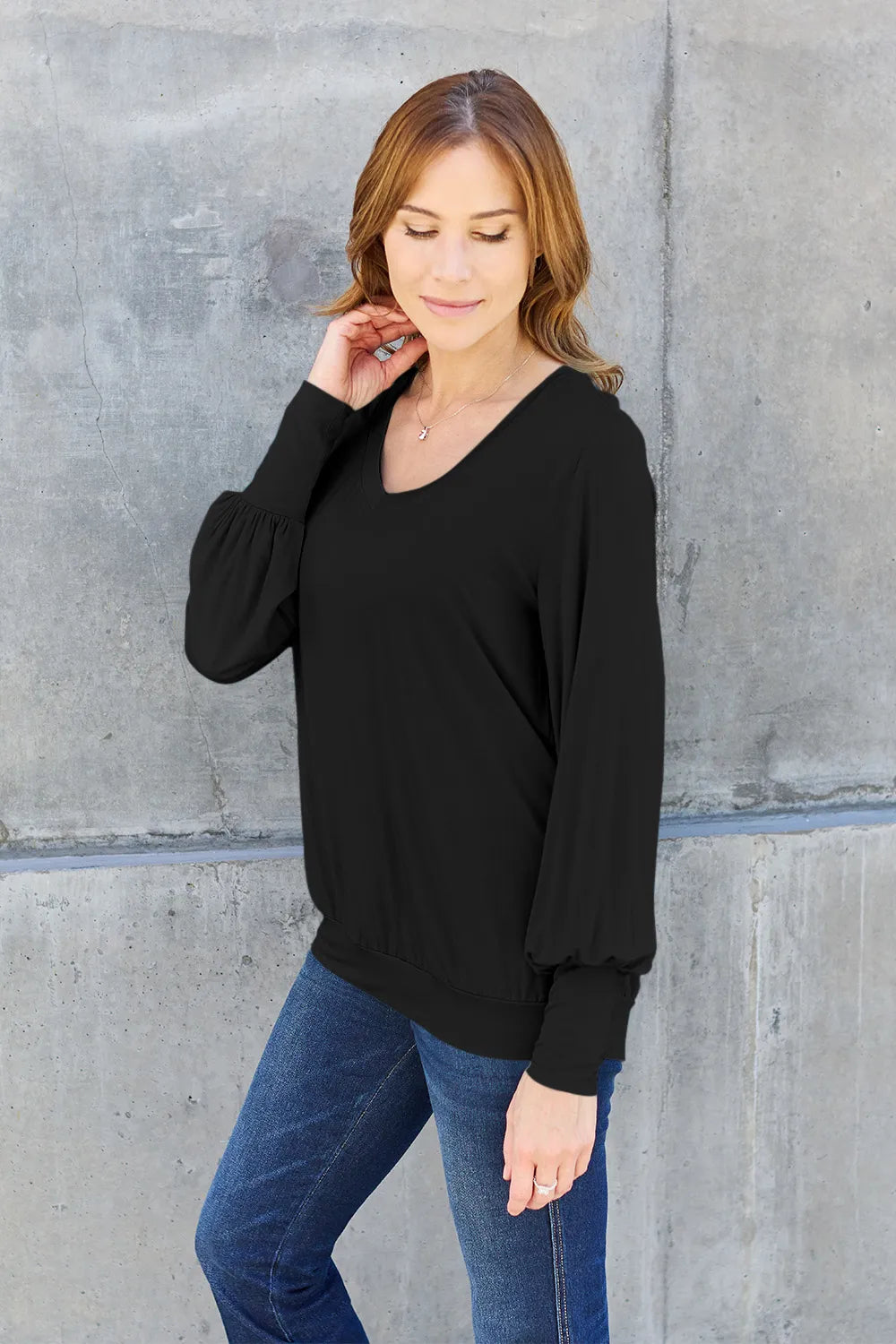 Basic Bae Full Size V-Neck Lantern Sleeve Top - LoveNest Treasures
