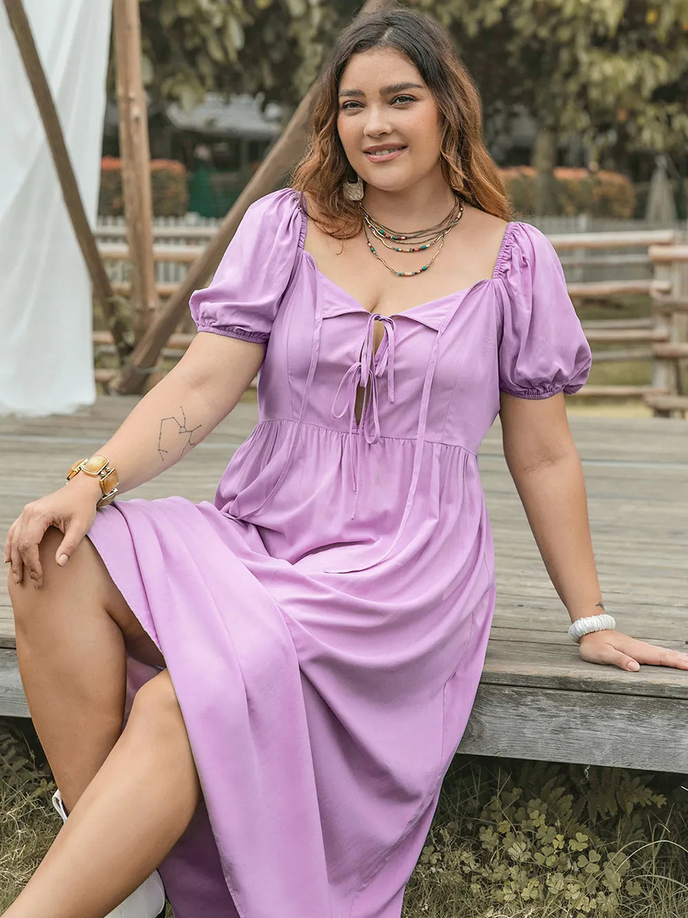 Plus Size Tie Neck Short Sleeve Dress - LoveNest Treasures