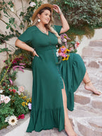 Plus Size Button Detail V-Neck Short Sleeve Maxi Dress - LoveNest Treasures