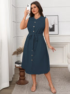 Plus Size Button Front Tie Waist Sleeveless Dress - LoveNest Treasures