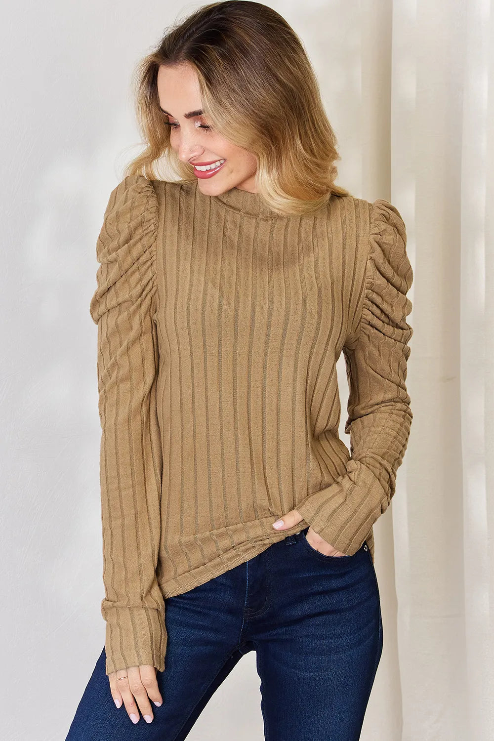 Basic Bae Full Size Ribbed Mock Neck Puff Sleeve T-Shirt - LoveNest Treasures