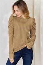 Basic Bae Full Size Ribbed Mock Neck Puff Sleeve T-Shirt - LoveNest Treasures
