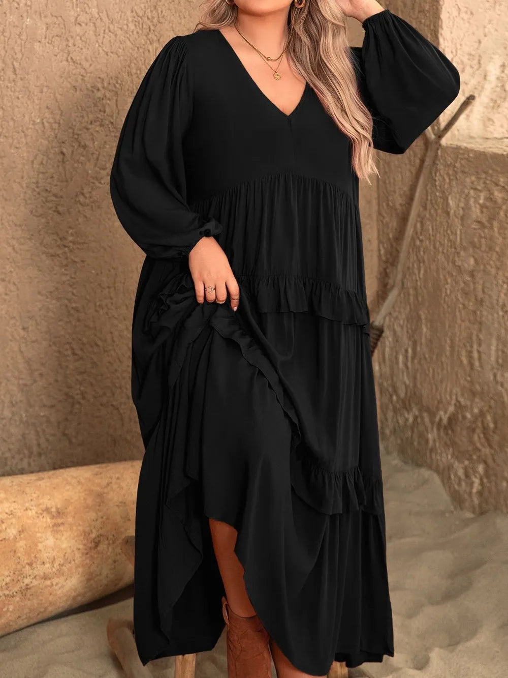 Plus Size Ruffled V-Neck Long Sleeve Dress - LoveNest Treasures