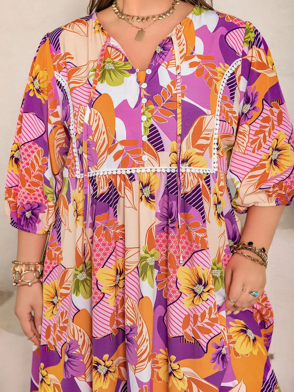 Plus Size Printed Tie Neck Maxi Dress - LoveNest Treasures