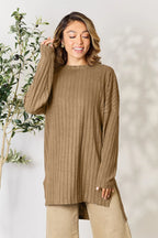 Basic Bae Full Size Ribbed Round Neck Long Sleeve Slit Top - LoveNest Treasures