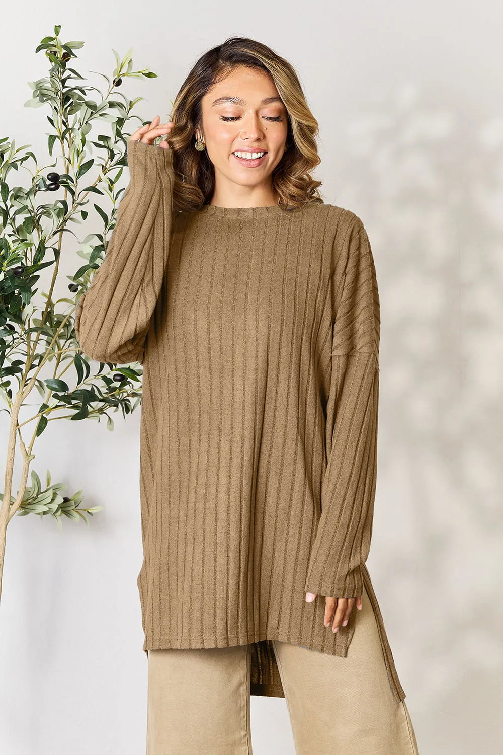 Basic Bae Full Size Ribbed Round Neck Long Sleeve Slit Top - LoveNest Treasures
