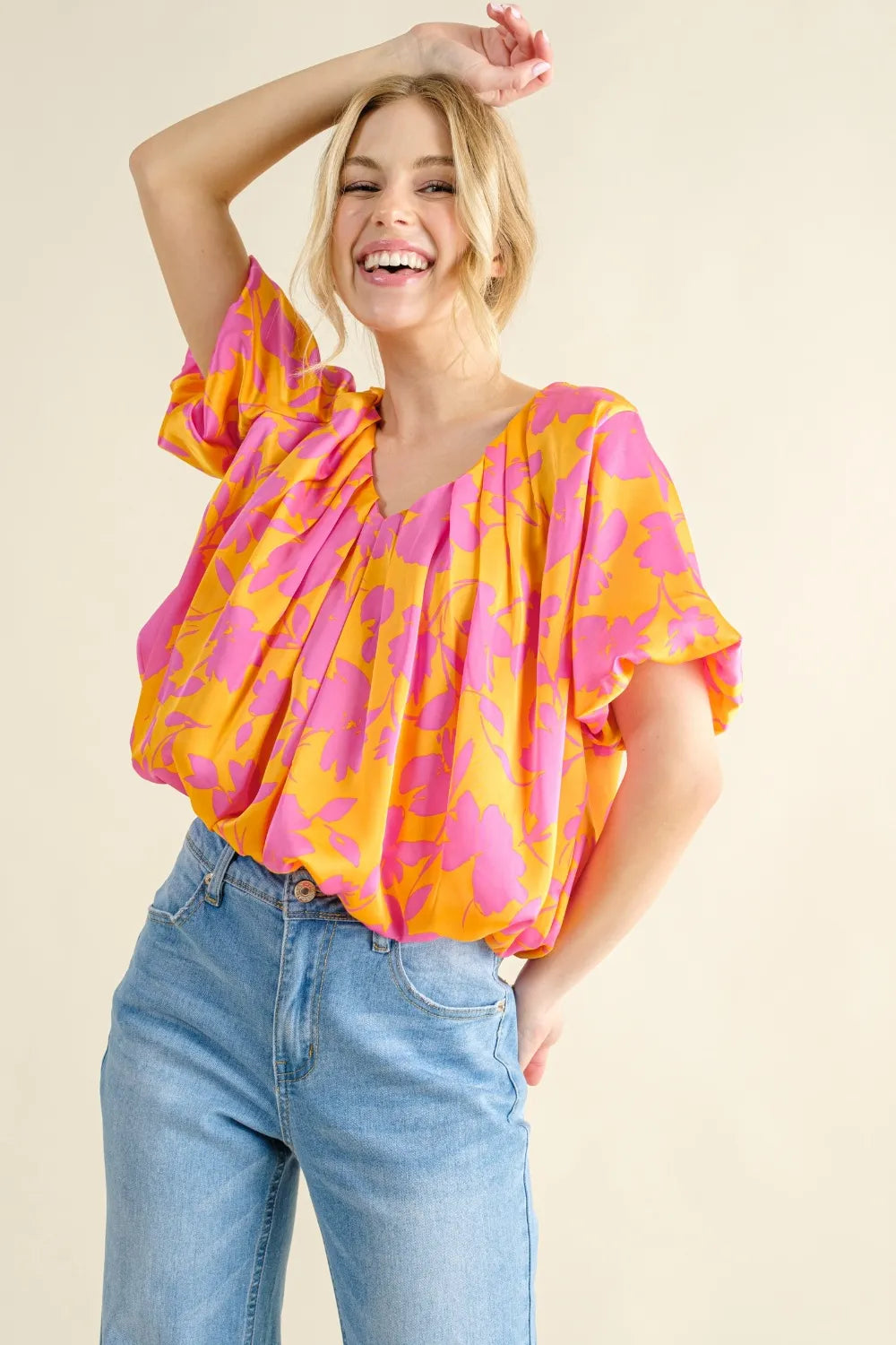 And The Why Full Size Printed Satin Bubble Hem Top - LoveNest Treasures