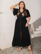 Plus Size Embroidered V-Neck Flutter Sleeve Maxi Dress - LoveNest Treasures