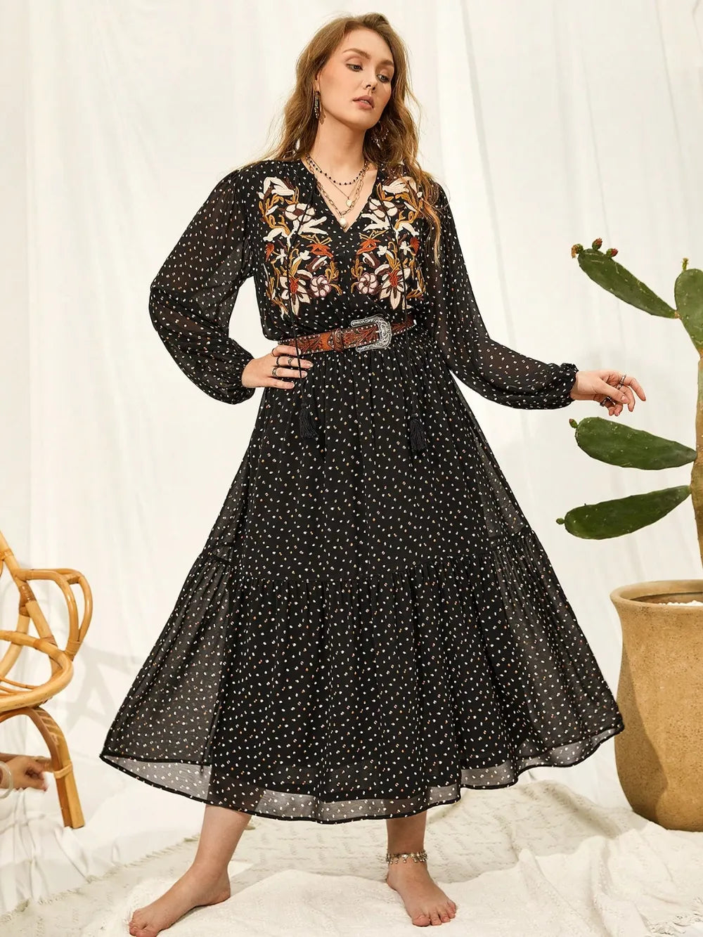 Plus Size Embroidered Tassel Balloon Sleeve Dress - LoveNest Treasures