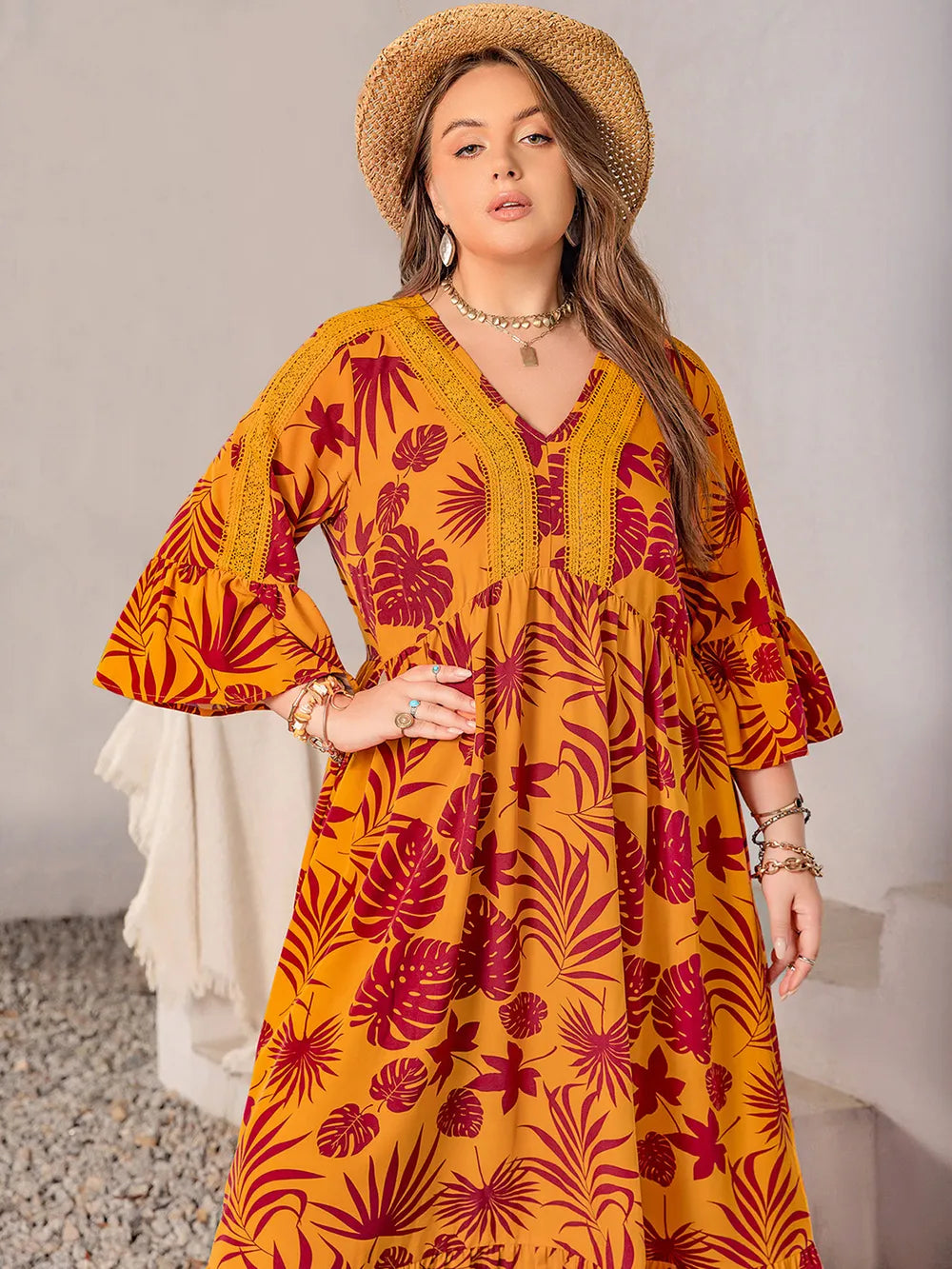 Plus Size Lace Detail Printed V-Neck Maxi Dress - LoveNest Treasures