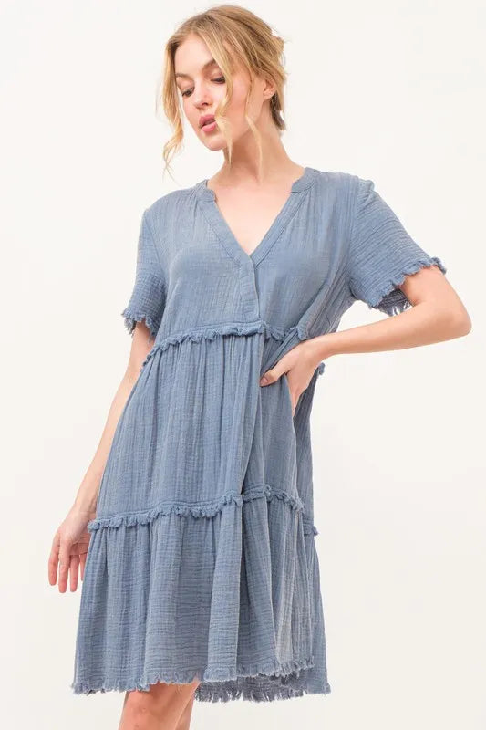 And The Why Washed Frayed Detail Tiered Dress - LoveNest Treasures