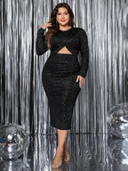 Honey Plus Size Cutout Slit Round Neck Long Sleeve Dress - LoveNest Treasures