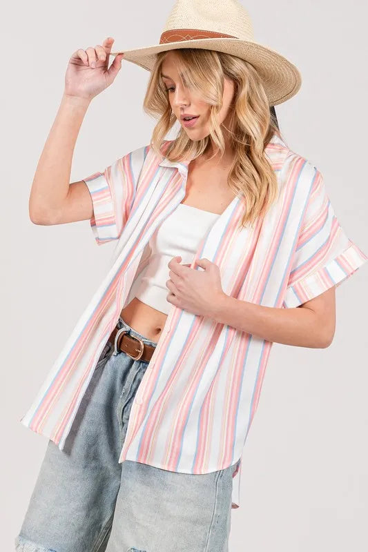 SAGE+FIG Full Size Multi Stripe Button Down Short Sleeve Shirt Plus Size - LoveNest Treasures