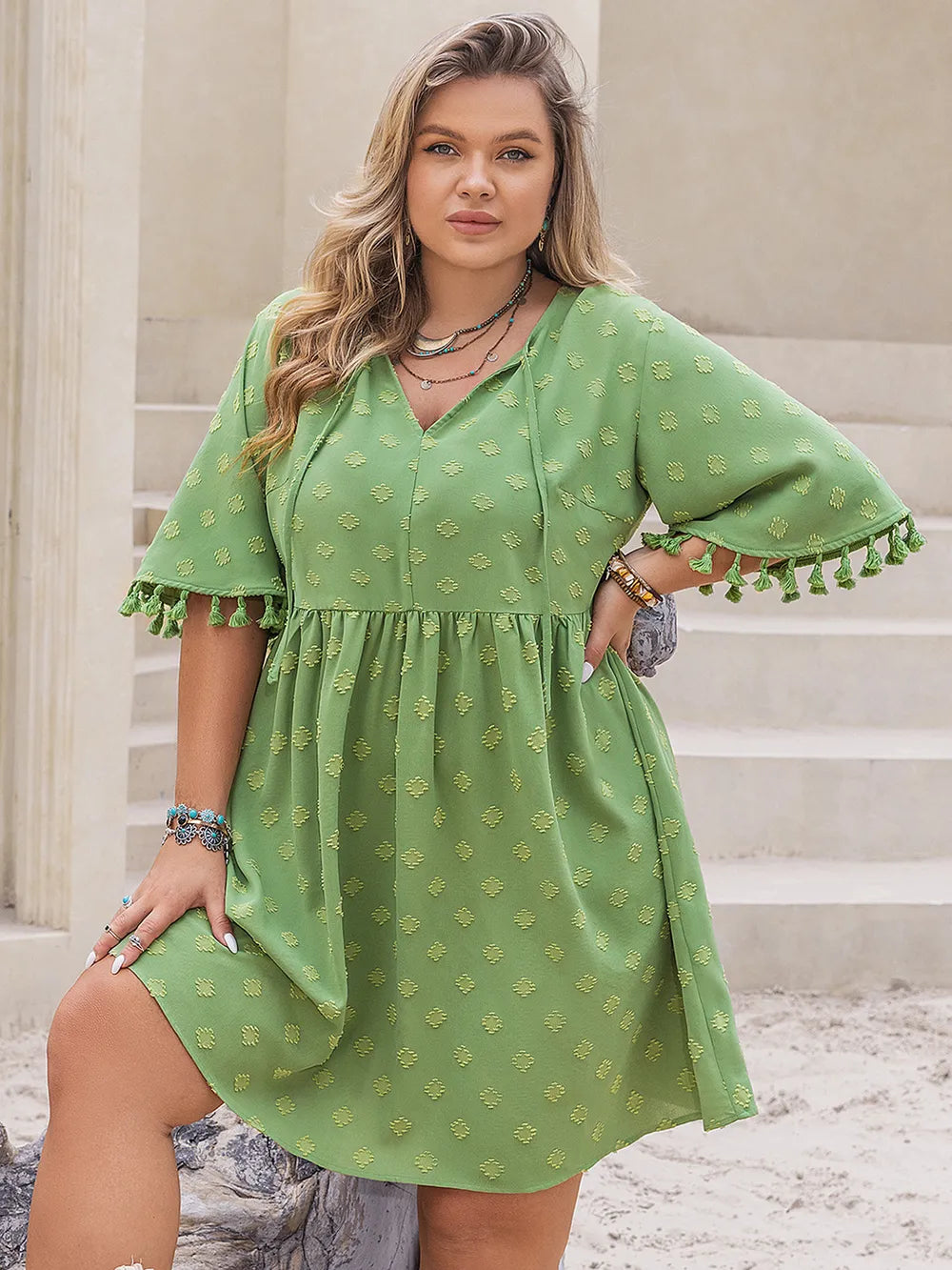 Plus Size Tied Tassel Half Sleeve Mini Dress - LoveNest Treasures