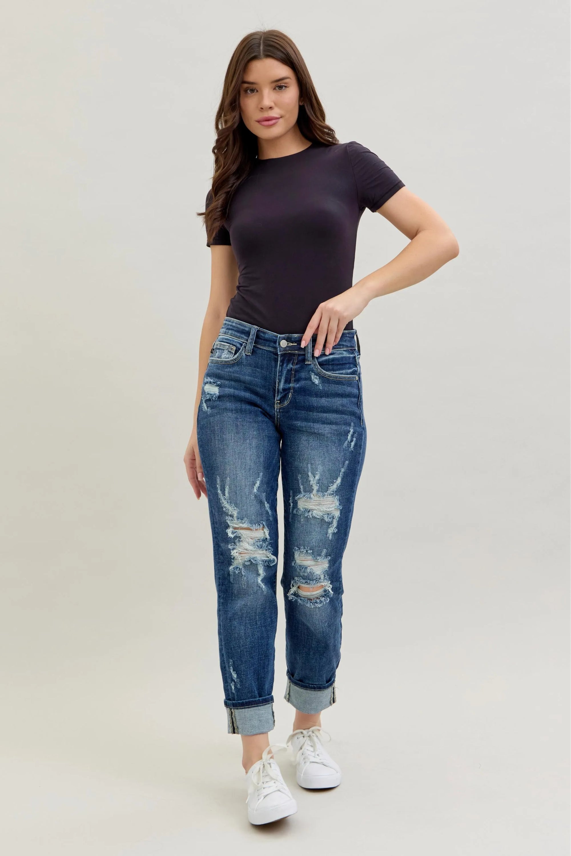 Judy Blue Full Size Mid Rise Cuffed Destroy Bf Jeans Plus Size - LoveNest Treasures