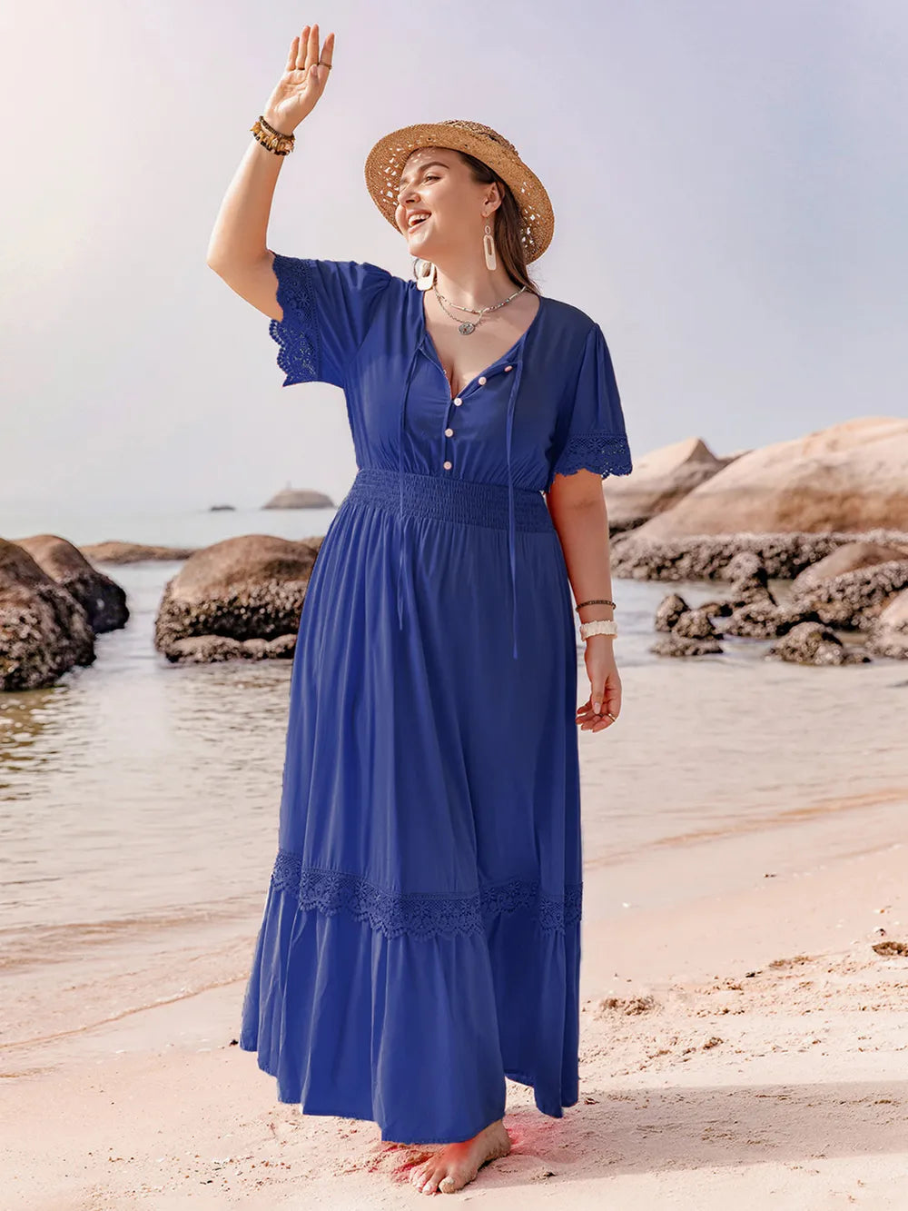 Plus Size Lace Detail Tie Neck Short Sleeve Maxi Dress - LoveNest Treasures