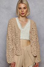 POL Button Down V-Neck Crochet Cardigan - LoveNest Treasures