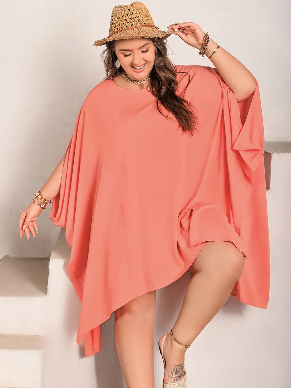 Plus Size Round Neck Batwing Sleeve Mini Dress - LoveNest Treasures