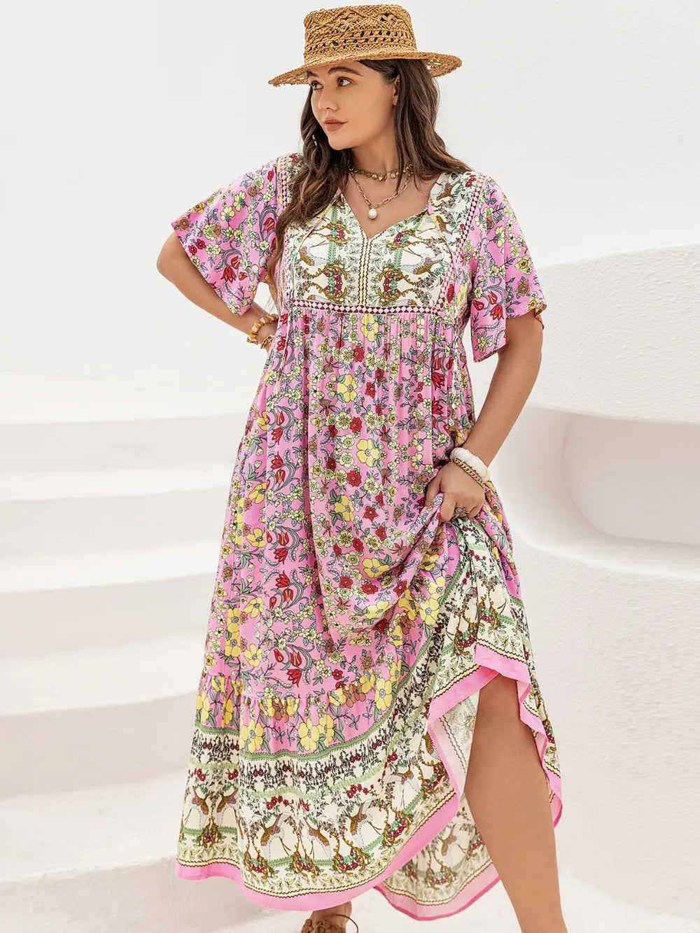 Plus Size Floral Tie Neck Flutter Sleeve Maxi Dress - LoveNest Treasures