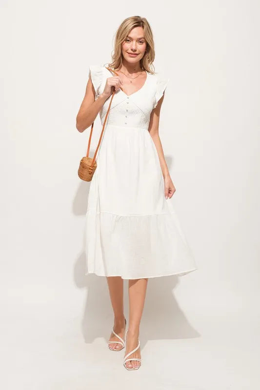 And The Why Ruffle Sleeve Front Smocked Tiered Midi Dress - LoveNest Treasures