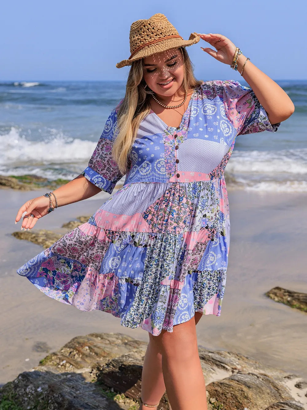 Plus Size Printed V-Neck Tiered Mini Dress - LoveNest Treasures