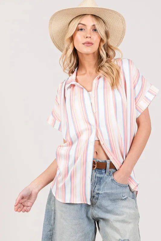 SAGE+FIG Full Size Multi Stripe Button Down Short Sleeve Shirt Plus Size - LoveNest Treasures