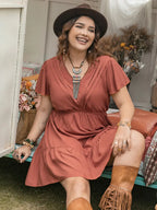Plus Size Ruffle Hem V-Neck Short Sleeve Dress - LoveNest Treasures