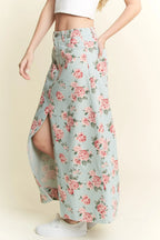 Jade By Jane Full Size Floral Print Front Slit Denim Maxi Skirt Plus Size - LoveNest Treasures