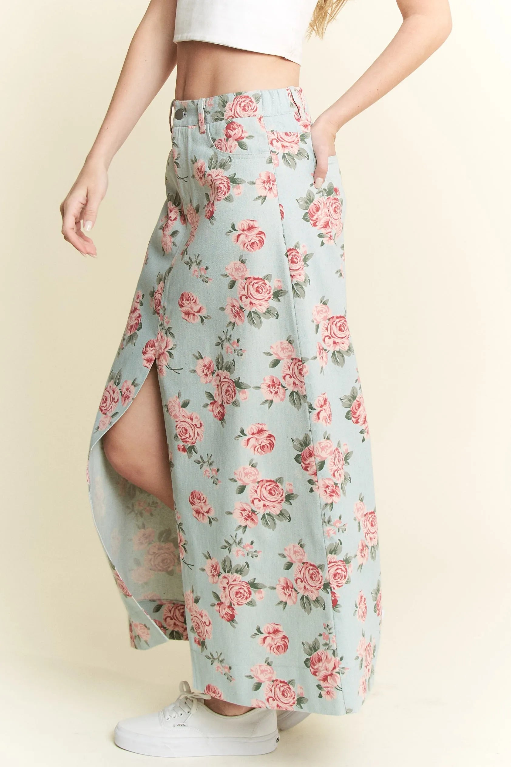 Jade By Jane Full Size Floral Print Front Slit Denim Maxi Skirt Plus Size - LoveNest Treasures