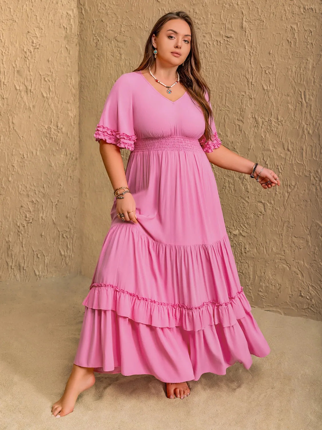 Plus Size V-Neck Half Sleeve Maxi Dress - LoveNest Treasures