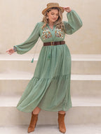 Plus Size Tassel Printed Tie Neck Long Sleeve Midi Dress - LoveNest Treasures