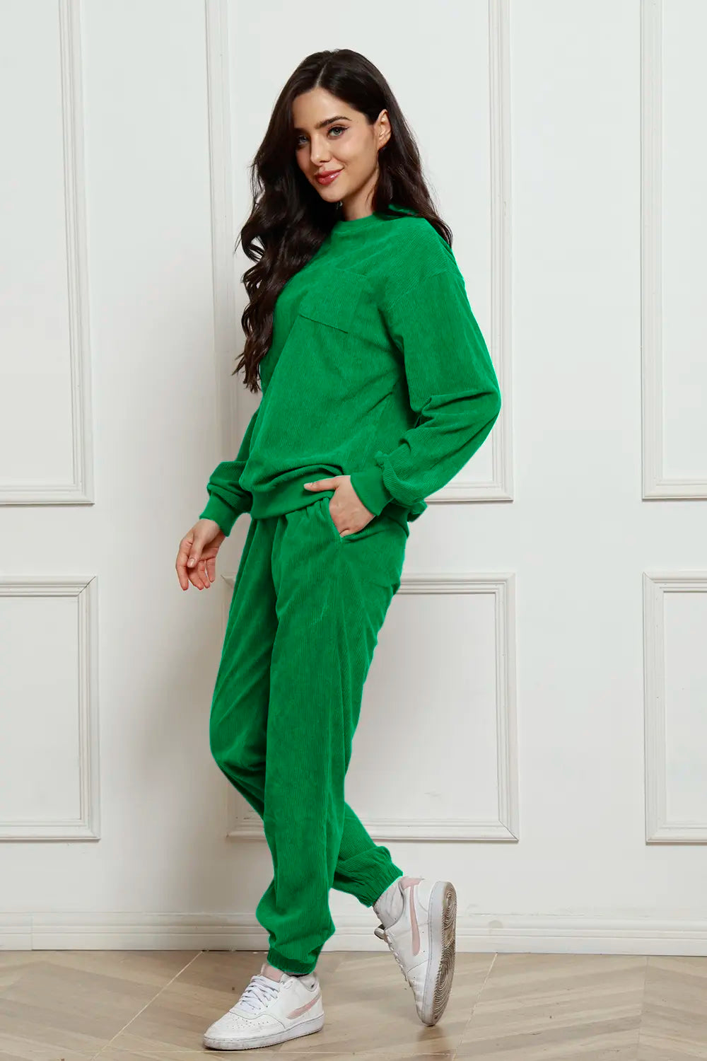 Corduroy Round Neck Sweatshirt and Sweatpants Set - LoveNest Treasures