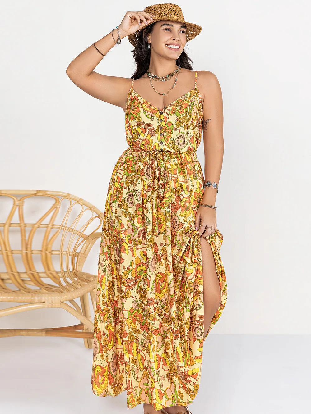 Plus Size Printed V-Neck Maxi Cami Dress - LoveNest Treasures