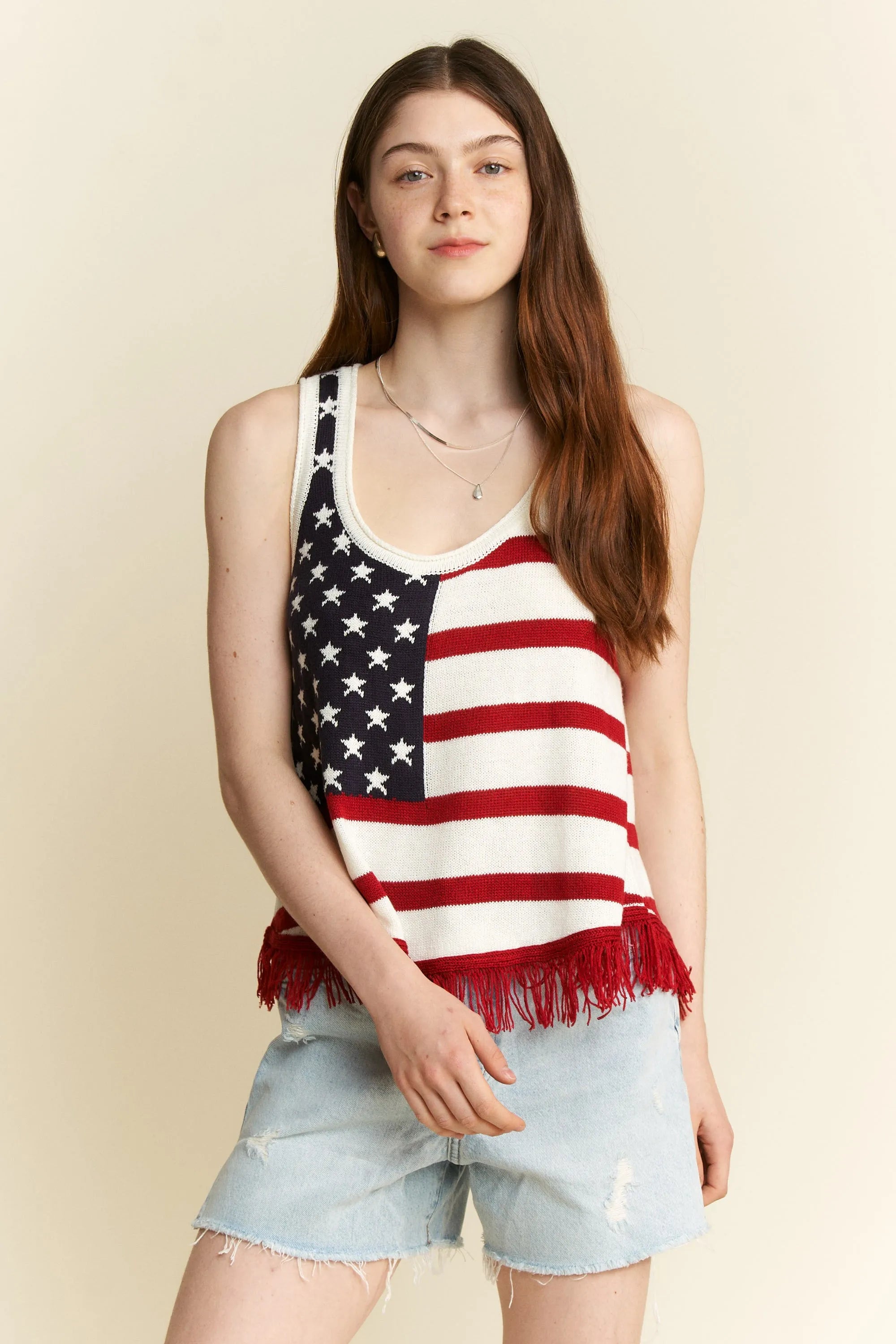 Jade By Jane Full Size American Flag Fringe Tank Top Plus Size - LoveNest Treasures