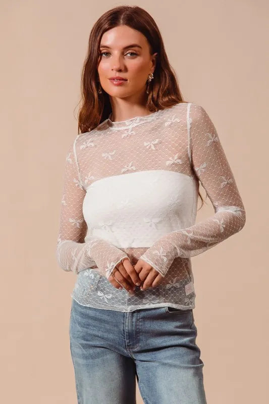 SO ME Bow Ribbon Pattern Sheer Lace Top - LoveNest Treasures