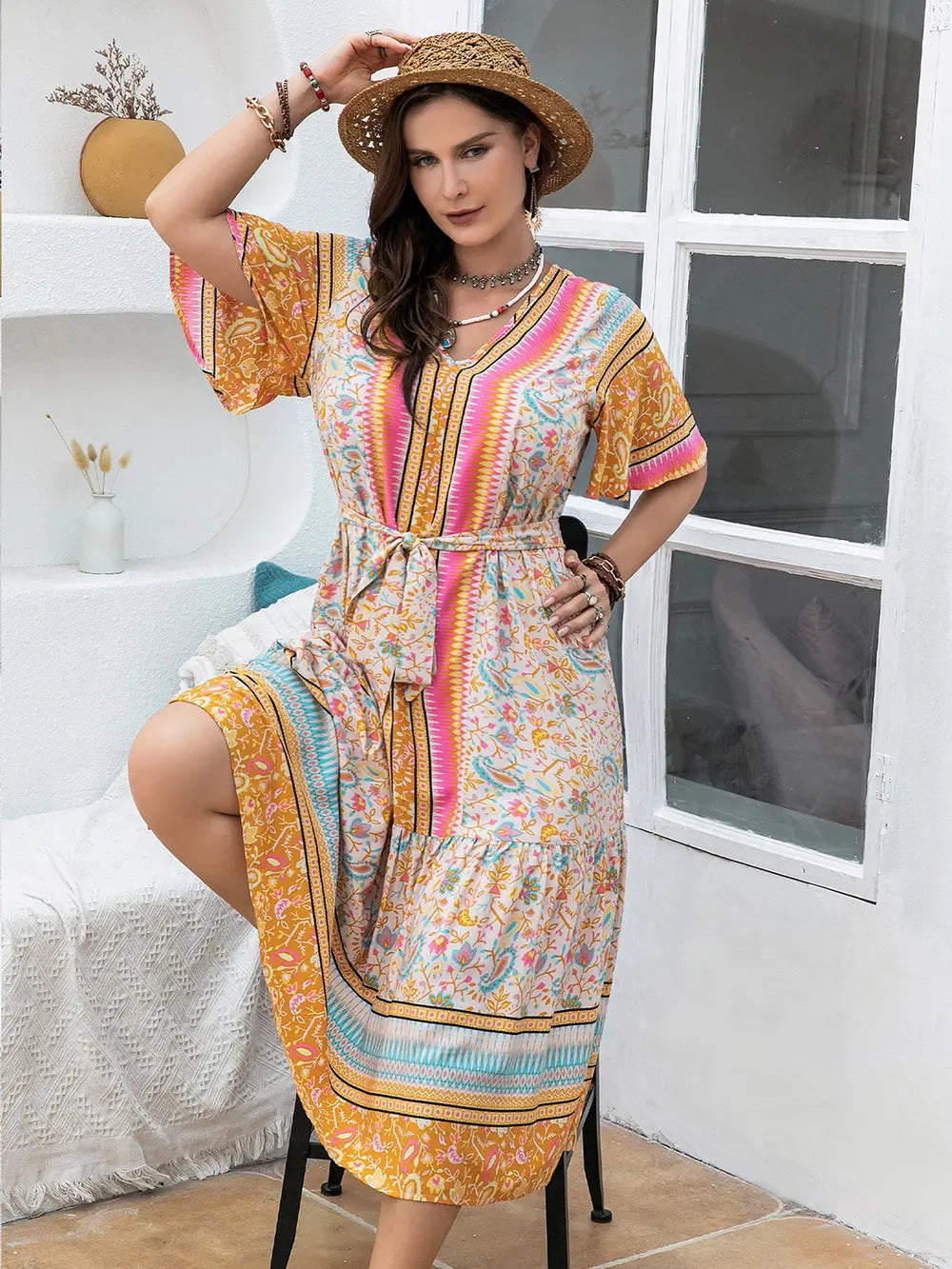 Plus Size Floral Tied Short Sleeve Midi Dress - LoveNest Treasures