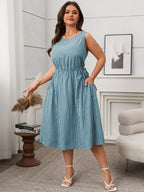 Plus Size Striped Round Neck Sleeveless Dress - LoveNest Treasures