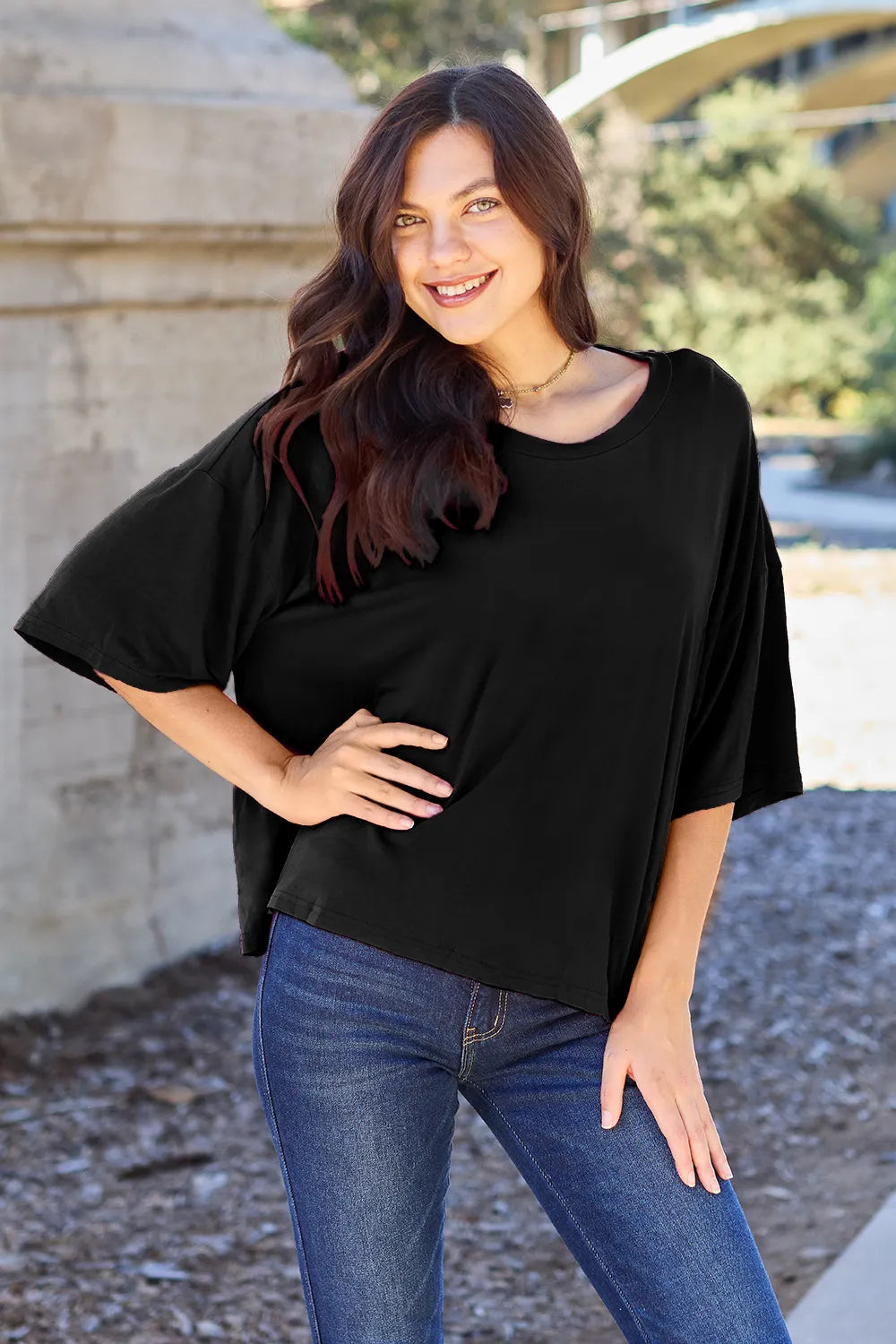 Basic Bae Bamboo Full Size Round Neck Drop Shoulder T-Shirt - LoveNest Treasures