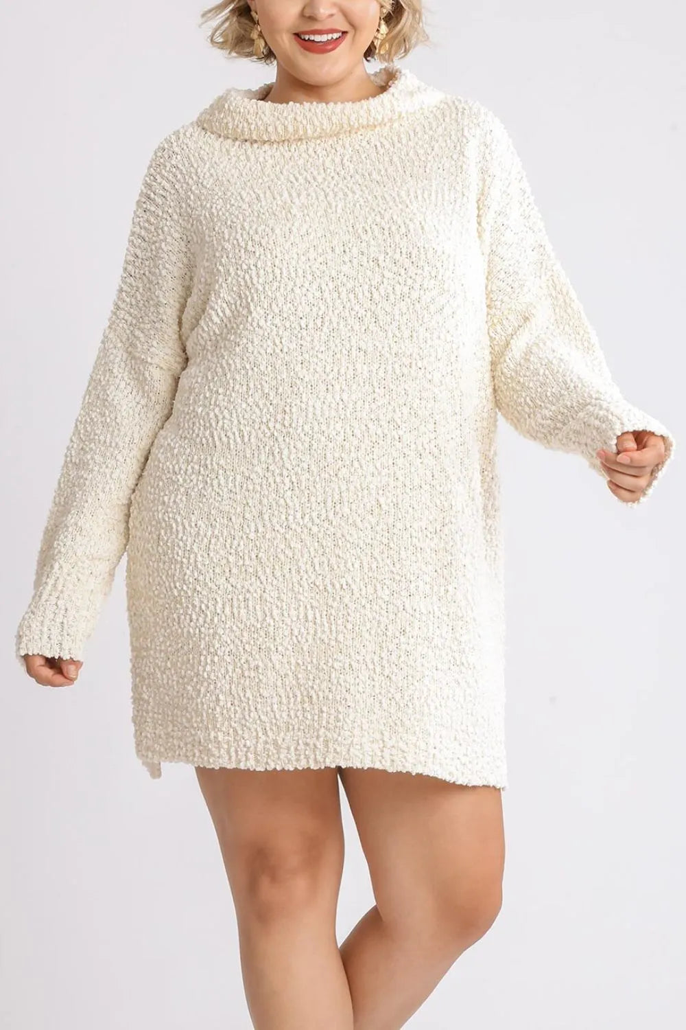 Umgee Full Size High Low Long Sleeve Boucle Sweater Dress Plus Size - LoveNest Treasures