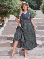 Plus Size Printed V-Neck Flutter Sleeve Midi Dress - LoveNest Treasures