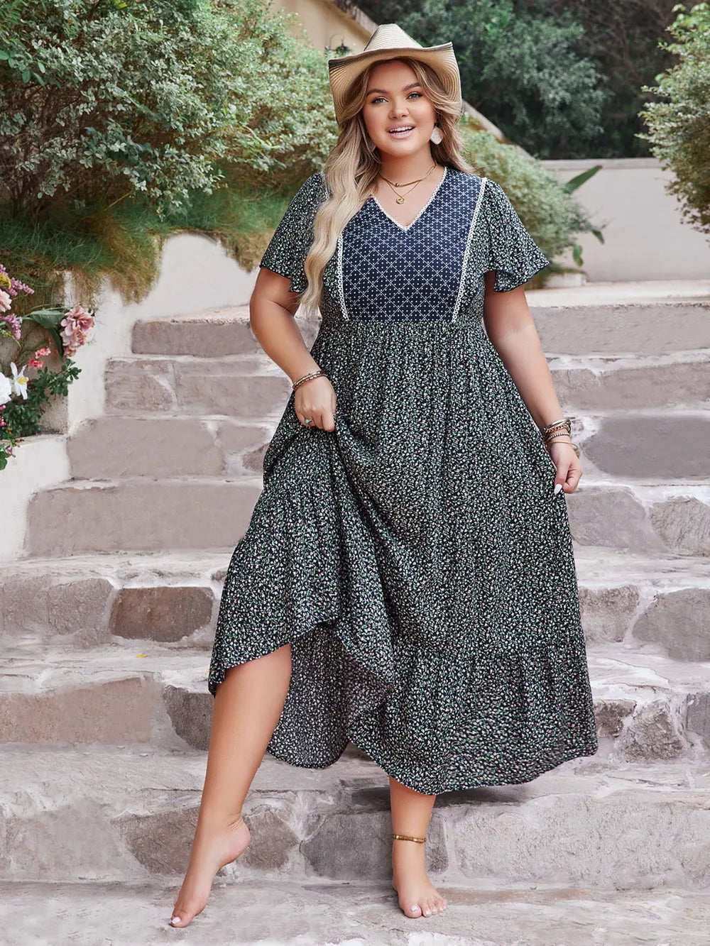 Plus Size Printed V-Neck Flutter Sleeve Midi Dress - LoveNest Treasures